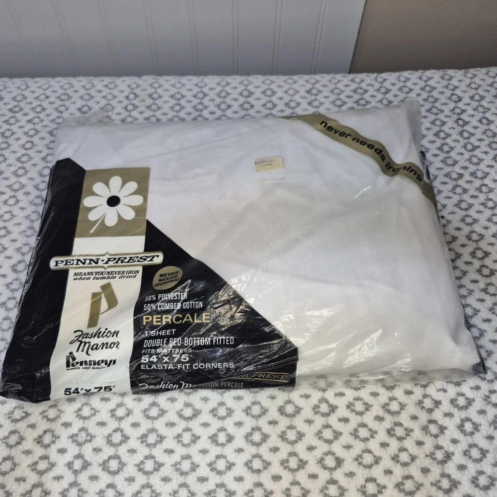 Fashion Manor Vtg 60s DOUBLE FITTED SHEET 54x75 White Penneys Percale 100%Cotton